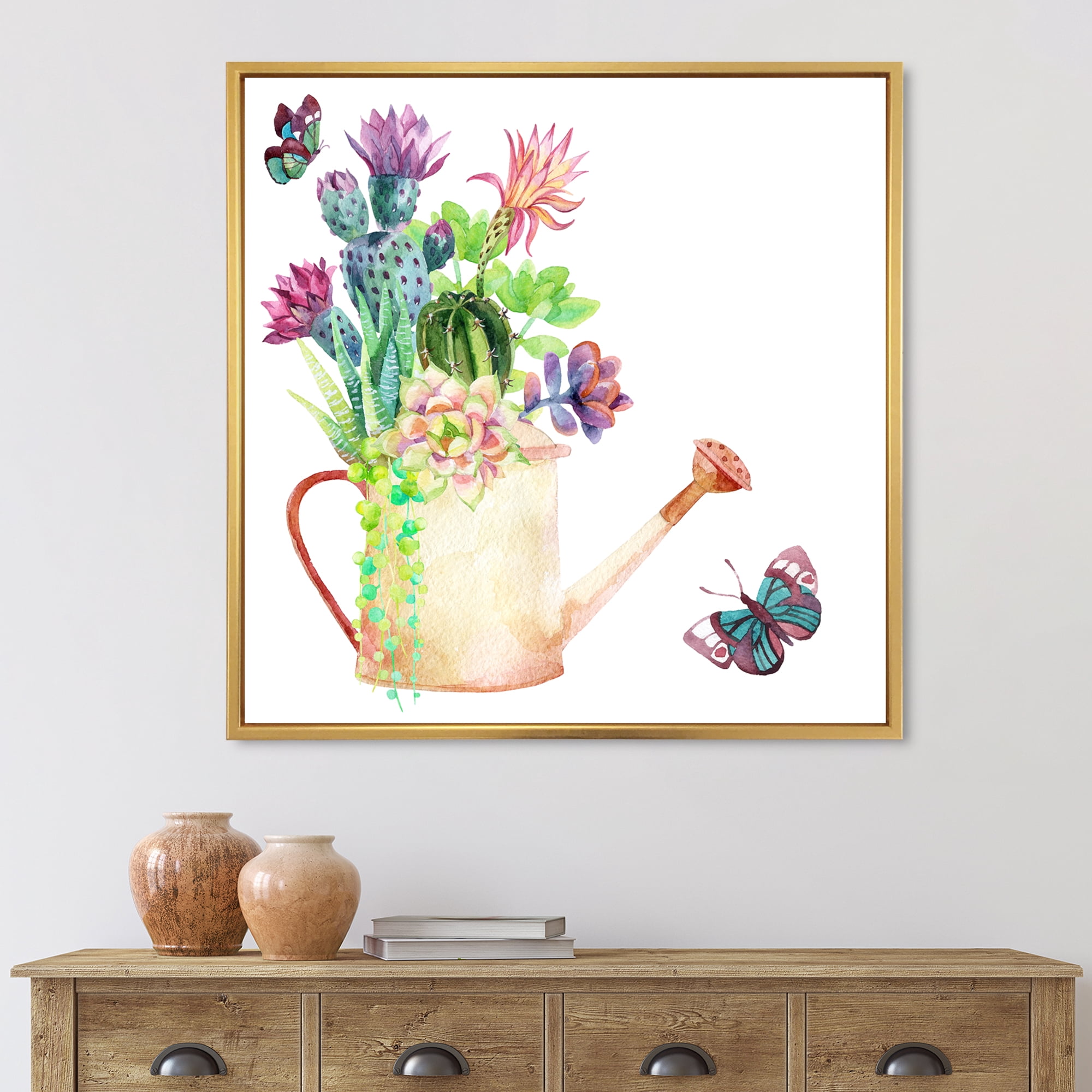 Designart 'Succulents In Old Watering Can With Butterfly' Farmhouse Framed Canvas Wall Art Print