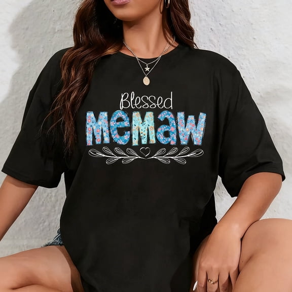 100% Cotton Women's Blessed Memaw Floral Graphic Tees Short Sleeve Funny Memaw Life T Shirt Cute Casual Grandma Gifts Shirts