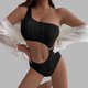 thumbnail image 4 of Bikini de una pieza de un solo hombro Color puro Traje de baño con recorte de cintura de fibra de poliéster transpirable para playa Negro L, 4 of 6