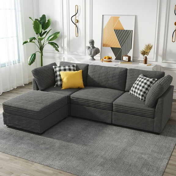 Ovios Oversized Modular Sectional Sofa Couch 98 Inch 4 Seater L Shaped Sofa with Ottoman Modern Deep Seat Cloud Corduroy Couches for Living Room,Office, Grey
