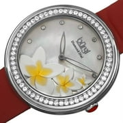 Women's Quartz Diamond Floral Plumeria Design Red Strap Watch