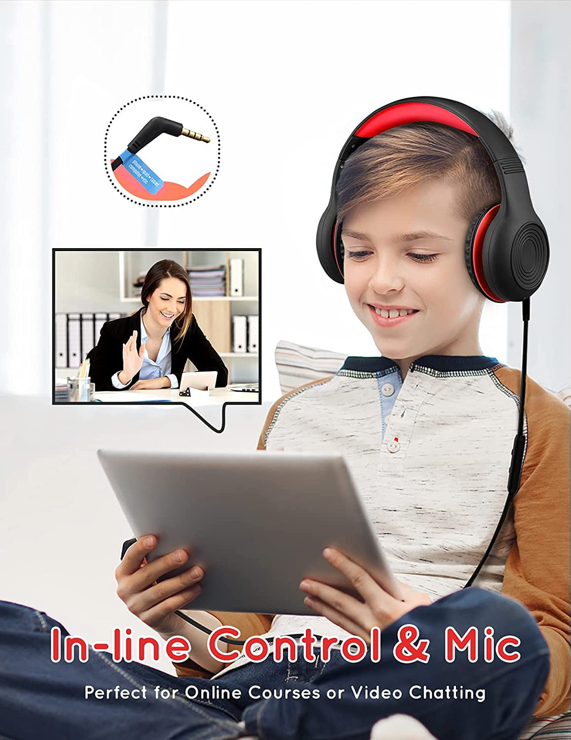 Mpow Kids Headphones with Microphone, Stereo Wired Headphones for Kids 85/94dB Volume Limit, Adjustable Foldable Children Headphone with Share Port, over Ear Headsets for School, Tablet, Airplane