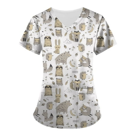 

Mlqidk Womens Scrub Tops Plus Size Cartoon Animal Printed Scrub Tops V-Neck Fun T Shirts Workwear Nurse Uniform Tee with Pockets White XXL