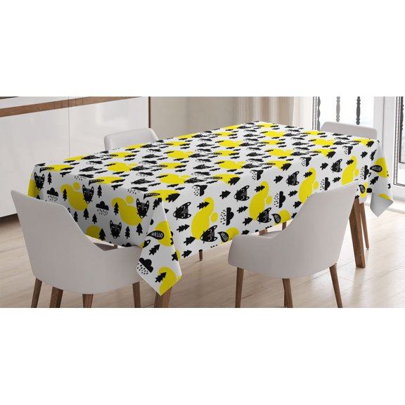 Cartoon Tablecloth, Colorful Modern Doodle Little Foxes Saying Hello Sun Pine Trees Rain Clouds, Rectangle Satin Table Cover for Dining Room and Kitchen, 60" X 90", Yellow Black White, by Ambesonne