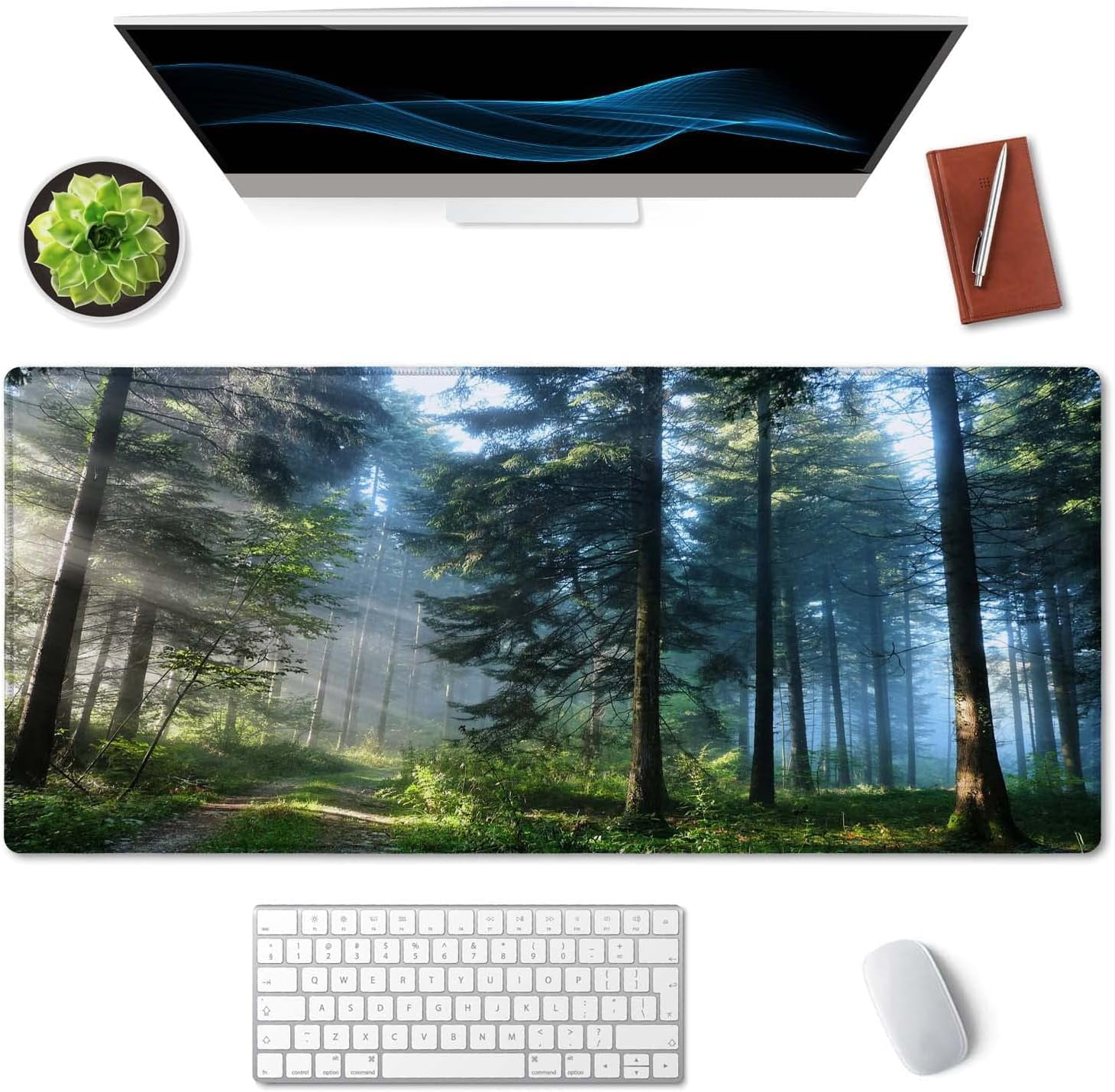 Extended Gaming Mouse Pad XXL ArtSo Large Keyboard Mat Long Mousepad Desk Decor Writing Pad Non Slip Rubber Base Stitched Edges for Work, Game, Office, Home, 35.4" x 15.7", Forest Morning