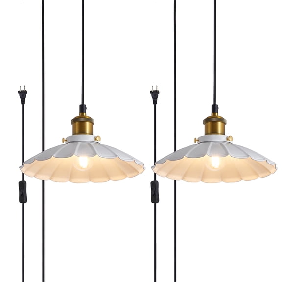 Oyisen Plug in Pendant Light Industrial 9.8 Inch White Lampshade Kitchen Island On/Off Switch Hanging Lamp Plug in Adjustable 14Ft Cord Hanging Lights for Bedroom and Living Room 2Pack