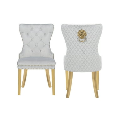Velvet Upholstered Dining Chairs Set of 2, Modern Dining Room Tufted Chairs, Armless Accent Chair with Wing Back, Back Pull Ring, Nailhead Trim and Gold Legs for Dining Room and Kitchen, Light Gray