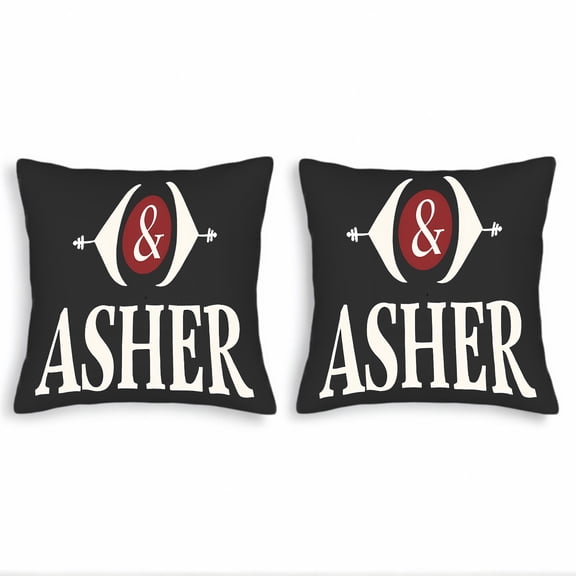 Set of 2 Modern Black Throw Pillow Covers 18x18in with Bold ' ASHER ' Design & Elegant Winged Accents for Couch Bed Car