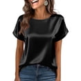 thumbnail image 5 of Women Satin Short Sleeve Blouse Crew Neck Loose Fit Casual Basic Top Lightweight Soft Silky TShirt for Everyday Wear Black L, 5 of 5