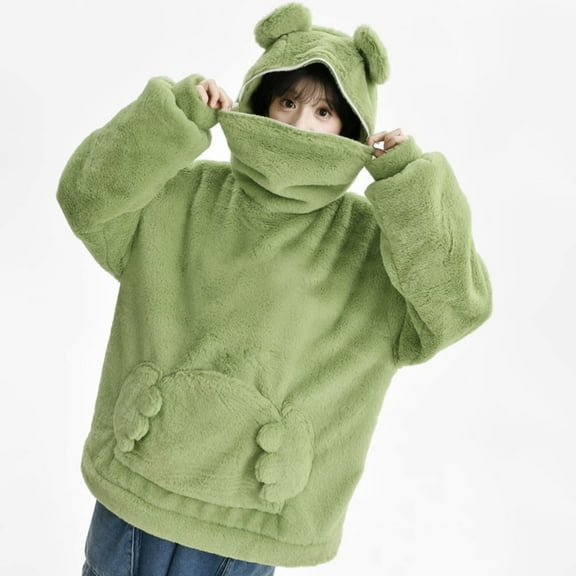 Fanxing Women's Fleece Frog Hoodies Zipper Mouth Fuzzy Sherpa Hooded Pullover Sweatshirt Fall Winter Thick Thermal Tops Green 3XL