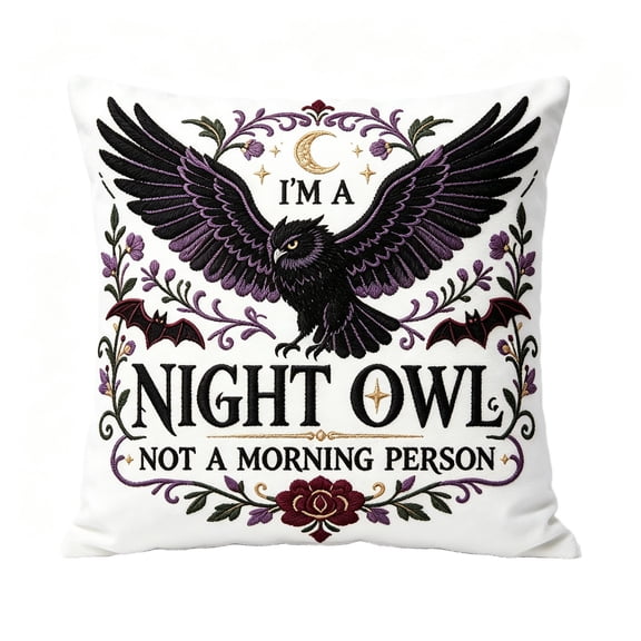 Night Owl Pillow Cover, Decorative Throw Pillow Case with Rose Embroidery, Short Plush Cushion Cover for Sofa Couch Bed Living Room Home Decor, 20x20 Inch