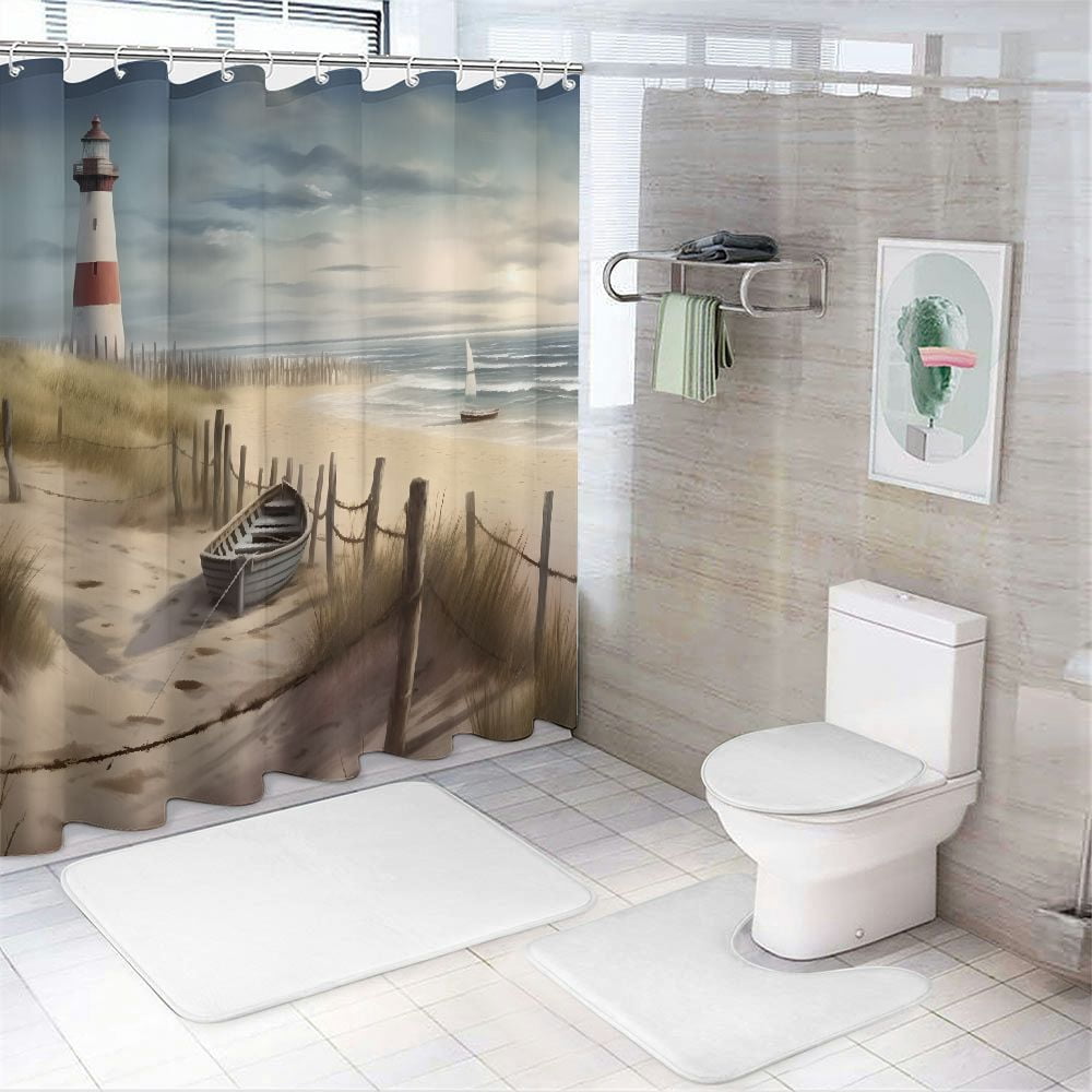 Pratyus Lighthouse Boat Fence Fabric Shower Curtain with Hooks, Polyester Bathroom Decor Set for Shower/Bathtub, Waterproof & Quick Drying, Various Sizes 60x72