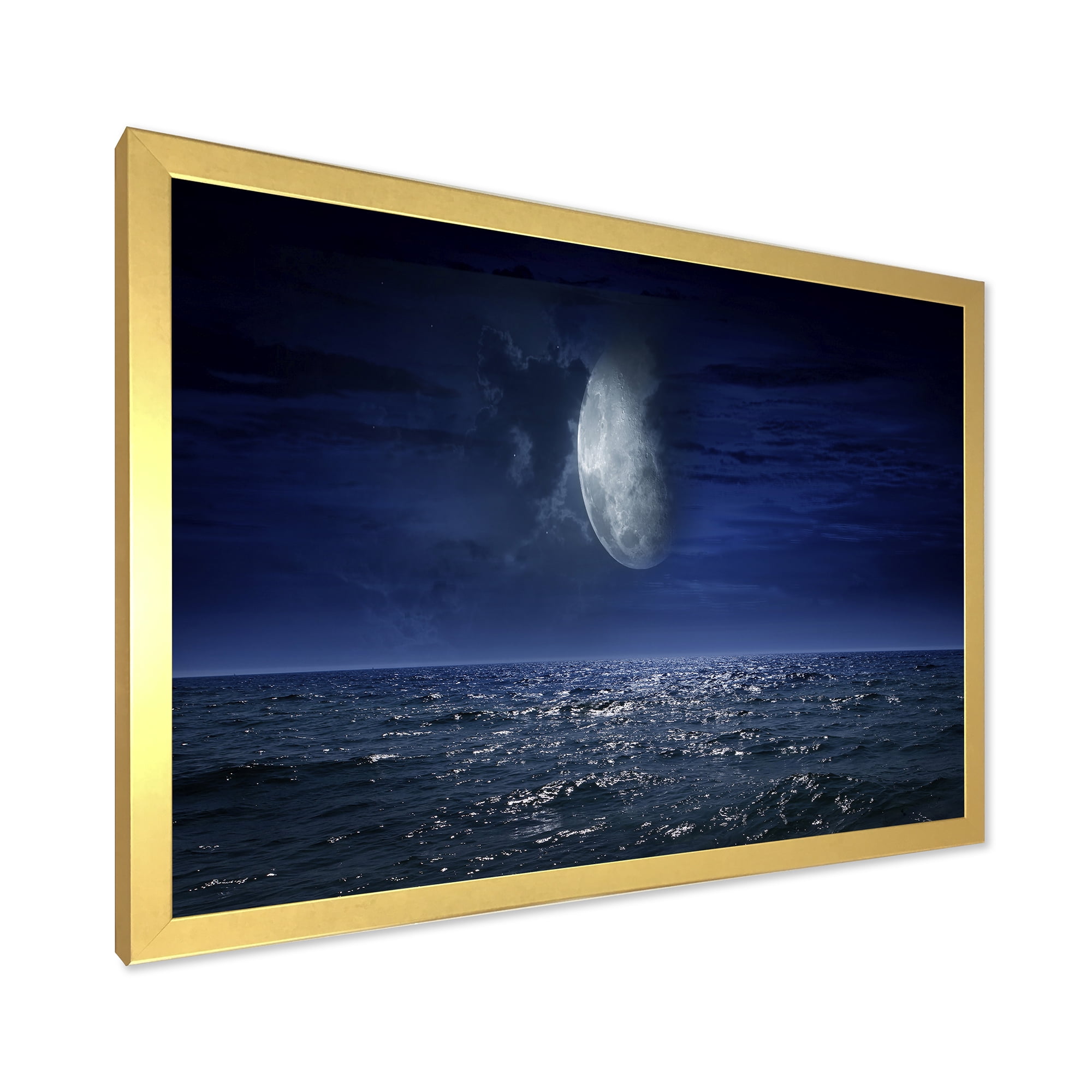 Designart 'Full Moon Night Over Dark Ocean' Nautical & Coastal Framed Art Print