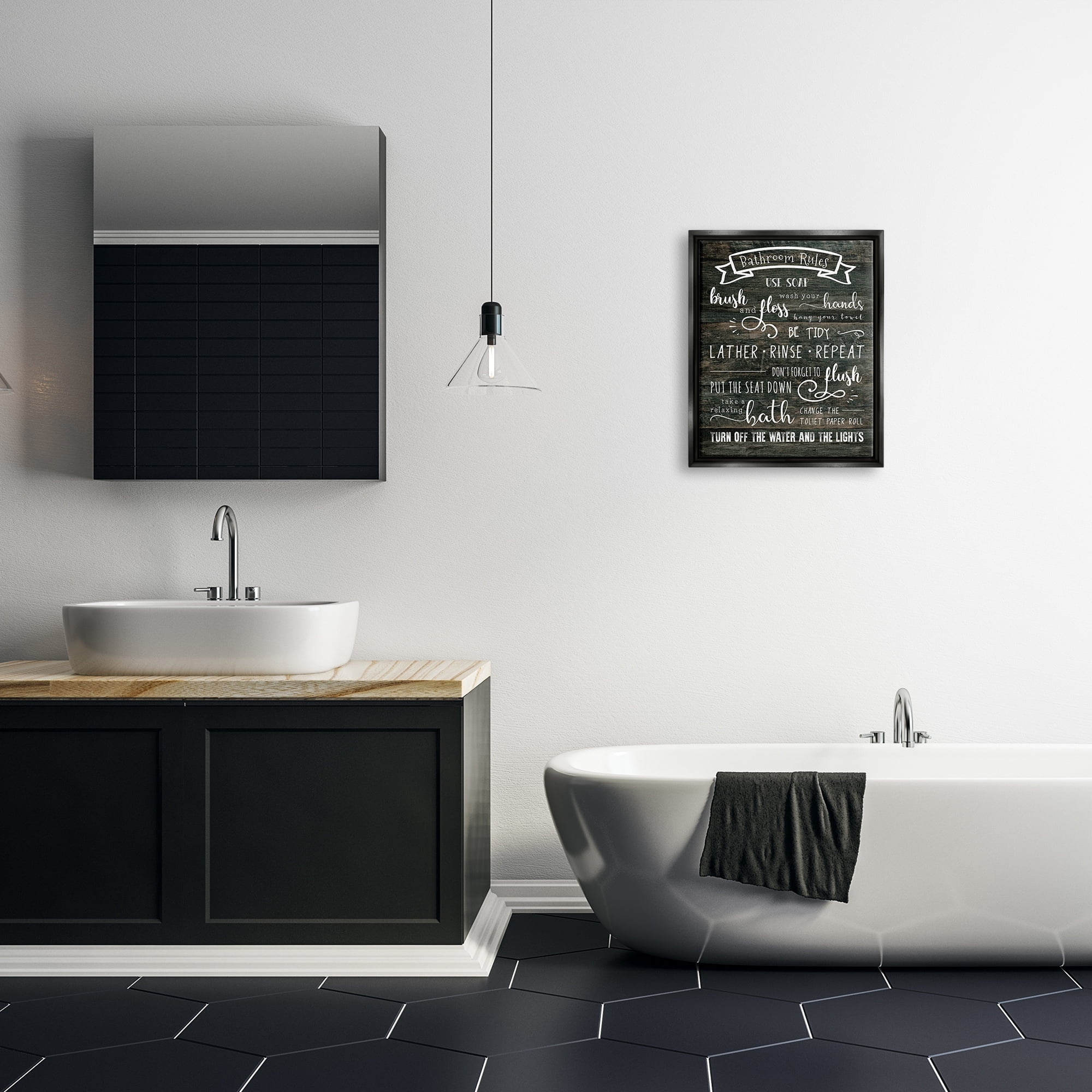Stupell Industries Rustic Bathroom Rules Sign Good Hygiene List Jet Black Framed Floating Canvas Wall Art, 16x20, by CAD