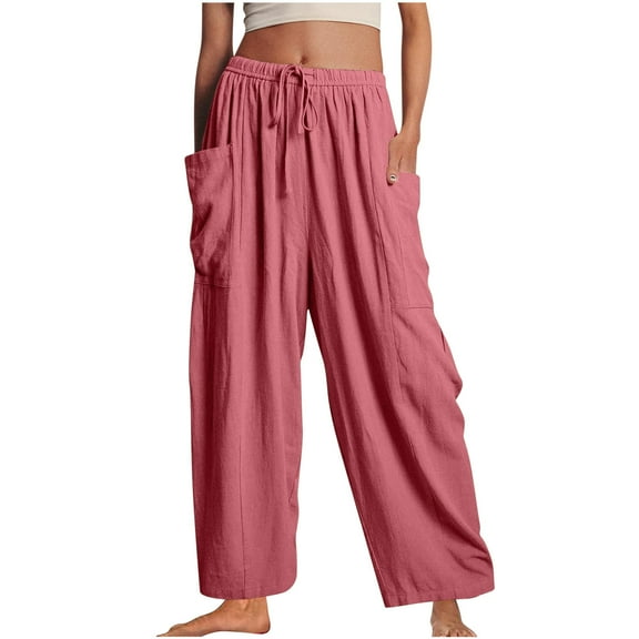 QUYUON Work Pants for Women Clearance Casual Pant Loose Comfy Drawstring Wide Leg Crop Trousers with Pockets Lounge Pants Full Length Pant Leg Casual Style P8249 Pink M