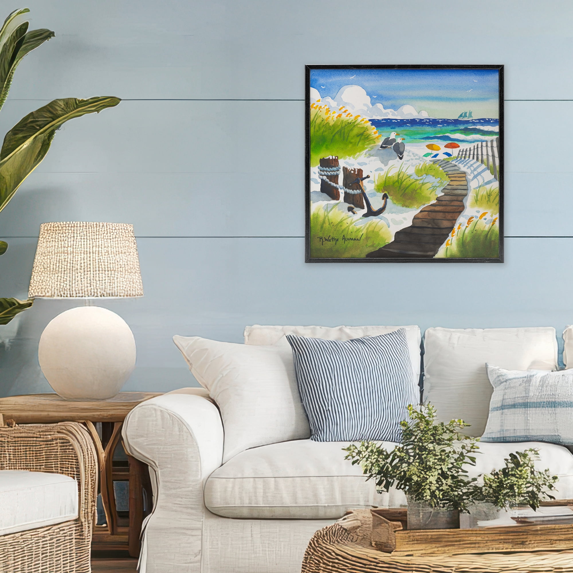 Stupell Industries Seagull & Anchor on Shore Black Framed Giclee Art, design by Robin Altman