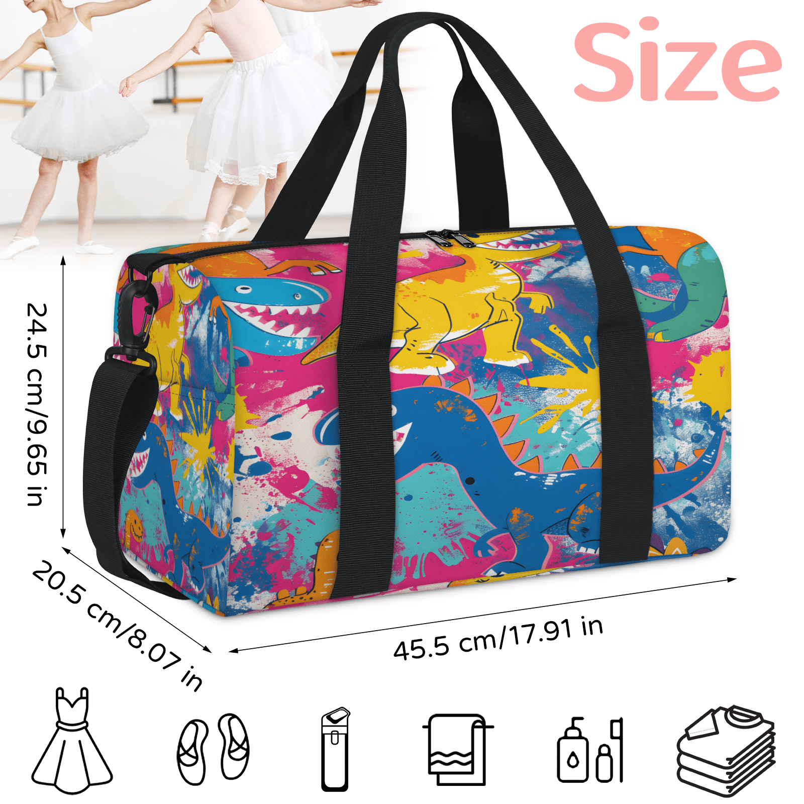 Herdesigns Colorful Rainbow Dinosaur Gym Bag for Women, Duffle Bag for Travel Sport, Lightweight Waterproof Carry on Weekender Overnight Dance Yoga Workout Bags