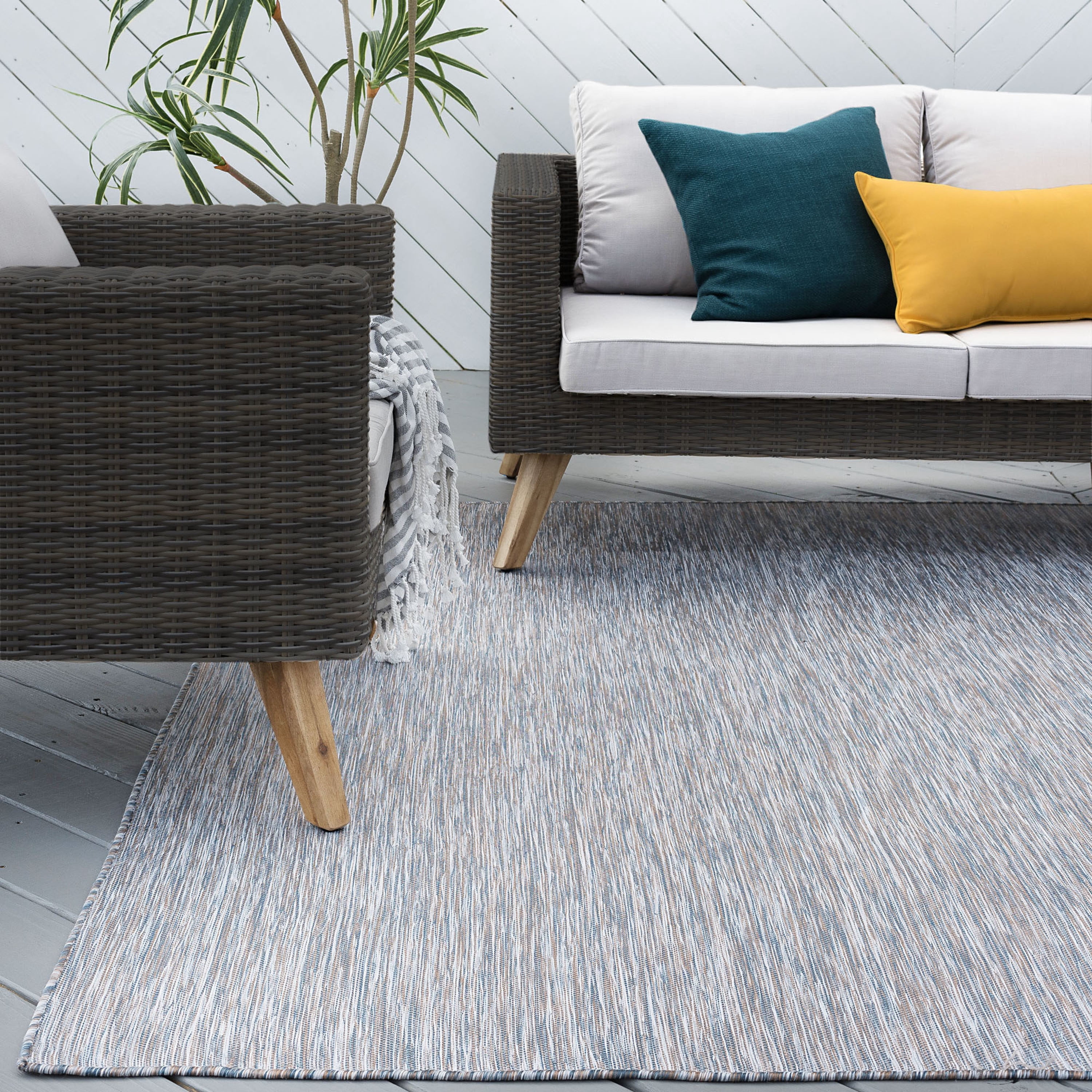 9x12 Water Resistant, Large Indoor Outdoor Rugs for Patios, Front Door Entry, Entryway, Deck, Porch, Balcony | Outside Area Rug for Patio | Blue, Stripe | Size: 8'9'' x 12'3''