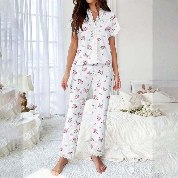 Levmjia Womens Pajama Set 2 Piece Lace Floral Printed Short Sleeve Button Down Pants Sleepwear Soft Comfortable Breathable Home Clothes