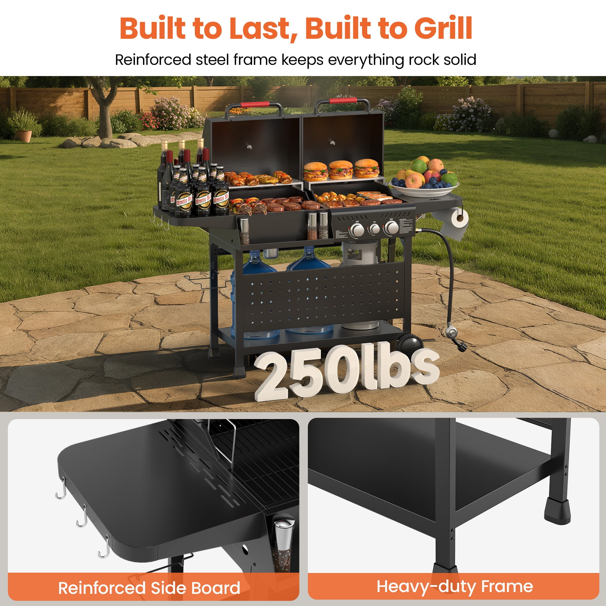 3-Burner Gas & Charcoal Grill Combo with 30,000 BTU, Dual Fuel BBQ Grill, 748 SQ.in Cooking Space, for Backyard BBQ, Outdoor Cooking