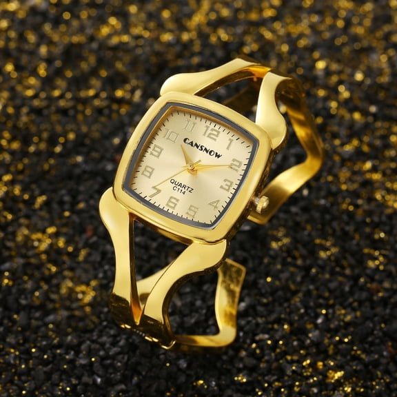 Women’s Golden Bangle Watch with Golden Square Dial Elegant Quartz Bracelet Watch