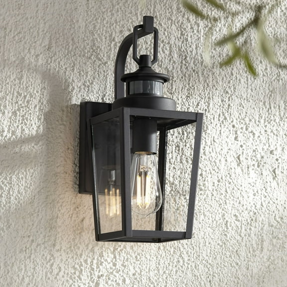 Possini Euro Design Ackerly Modern Outdoor Wall Light Fixture Textured Black Dusk to Dawn Motion Sensor 14" Clear Glass for Post Exterior Barn Deck