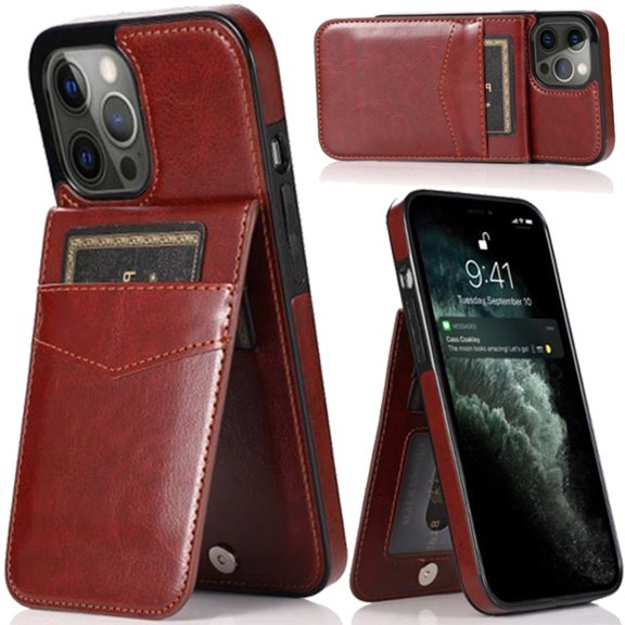 For Iphone 12 Pro Max 6.7 Luxury Vertical Magnetic Button Card Id Holder Pu Leather Case Cover - Brown