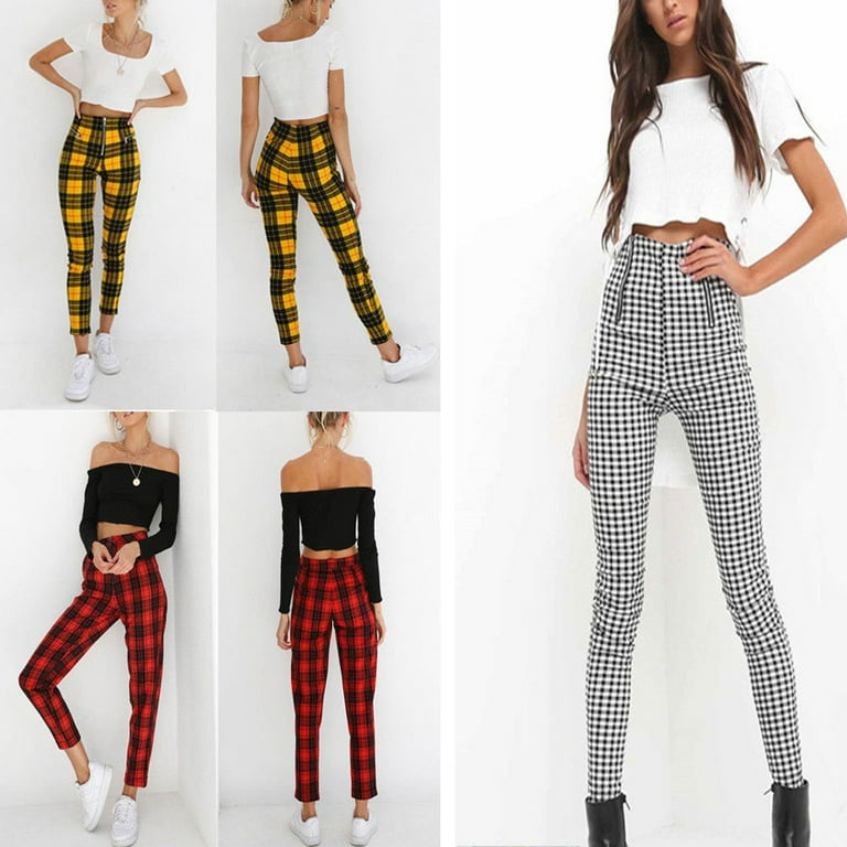 New Women ladies High Waisted Plaid Pants 2019 Spring Autumn Elegant Ladies fashion Skinny Trousers For Woman Casual Plaid Stretchy Soft Pencil Pants Walmart