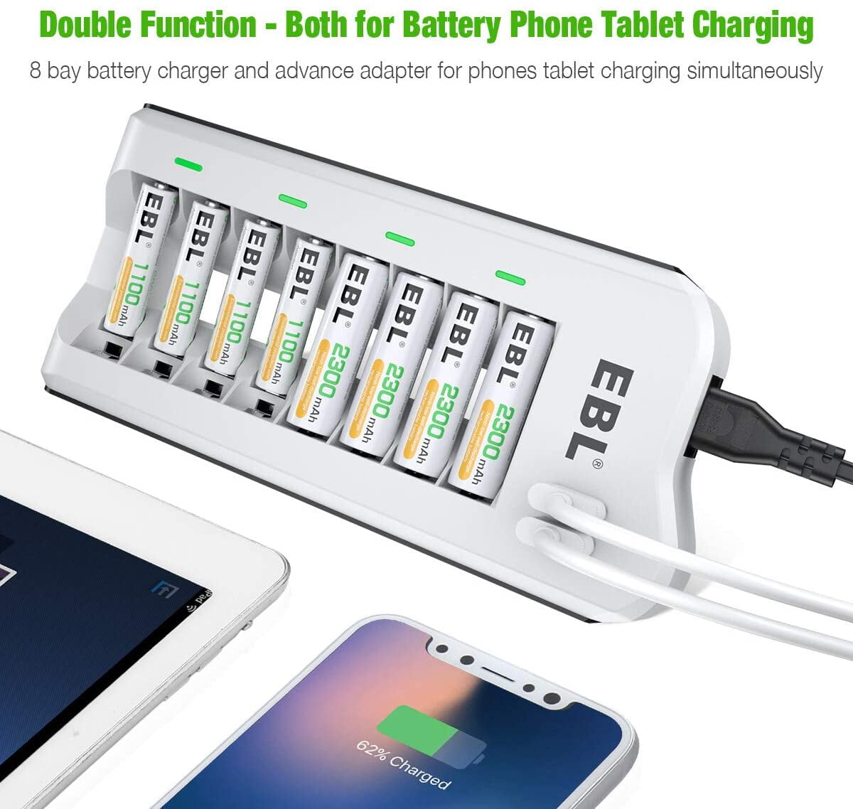 EBL AA 2300mAh (8 Pack) and AAA 1100mAh (8 Pack) Ni-MH Rechargeable Batteries 1.2V and AA AAA Rechargeable Battery Charger with 2 USB Charging Ports