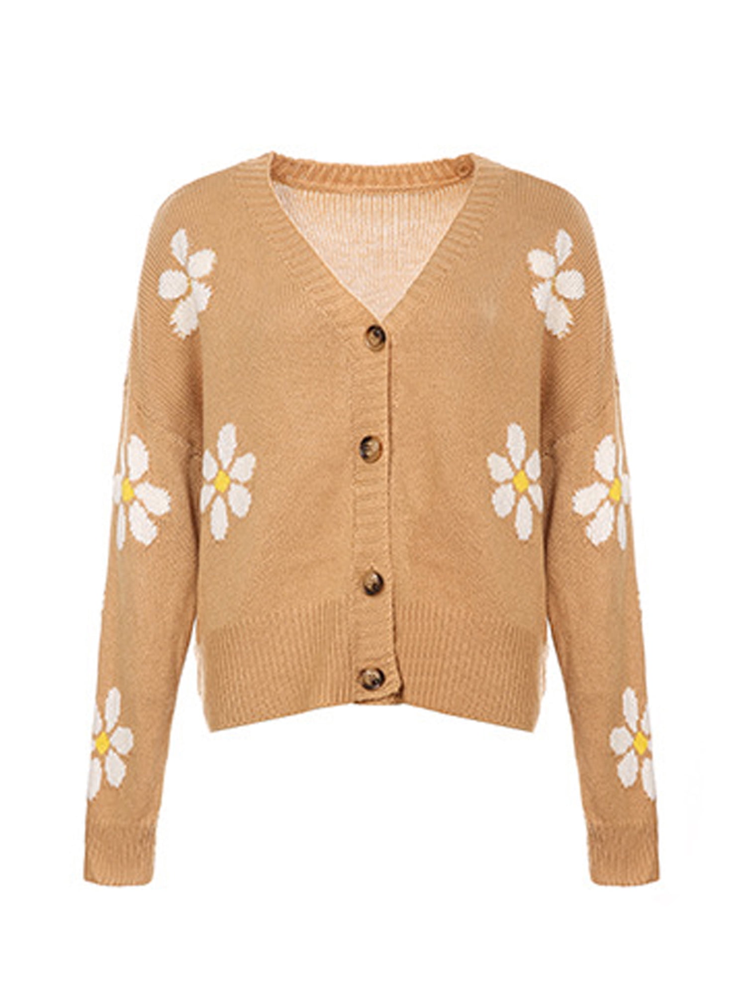 FOCUSNORM Women Knit Sweater, Buttondown Flower Pattern Long Sleeve Loose Vneck Cardigan