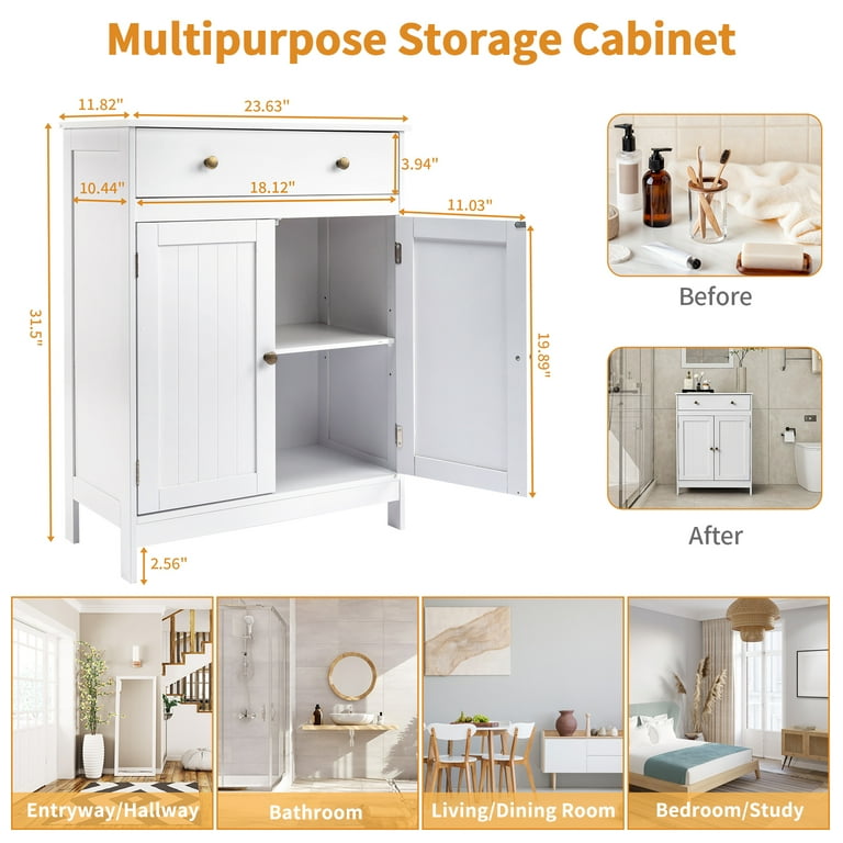 Zimtown White Wooden Bathroom Cabinet, Freestanding Storage Zimtown White Wooden Bathroom Cabinet, Freestanding Storage