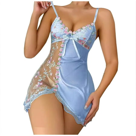Women Babydoll Lingerie Dress Floral Sheer Mesh Patchwork Sexy Sleep Chemise V Neck Camisole Lace Trim Nightgown