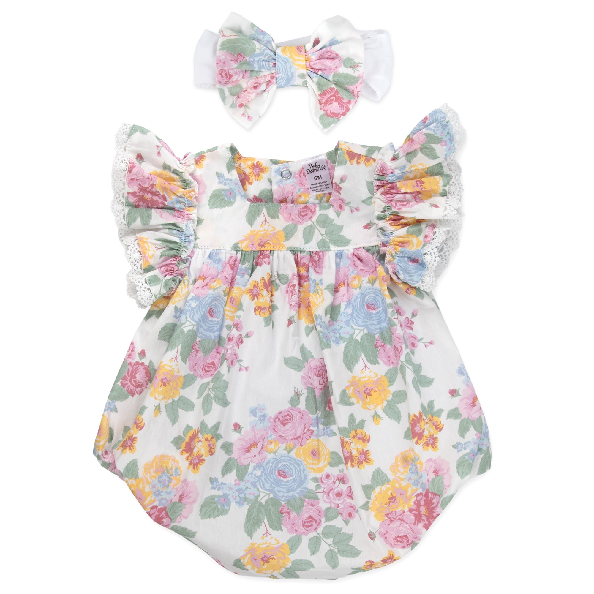 Baby Essentials 3 Months Infant Girls Romper with Matching Headband 100% Cotton Spring Summer Outfit in Multi Floral