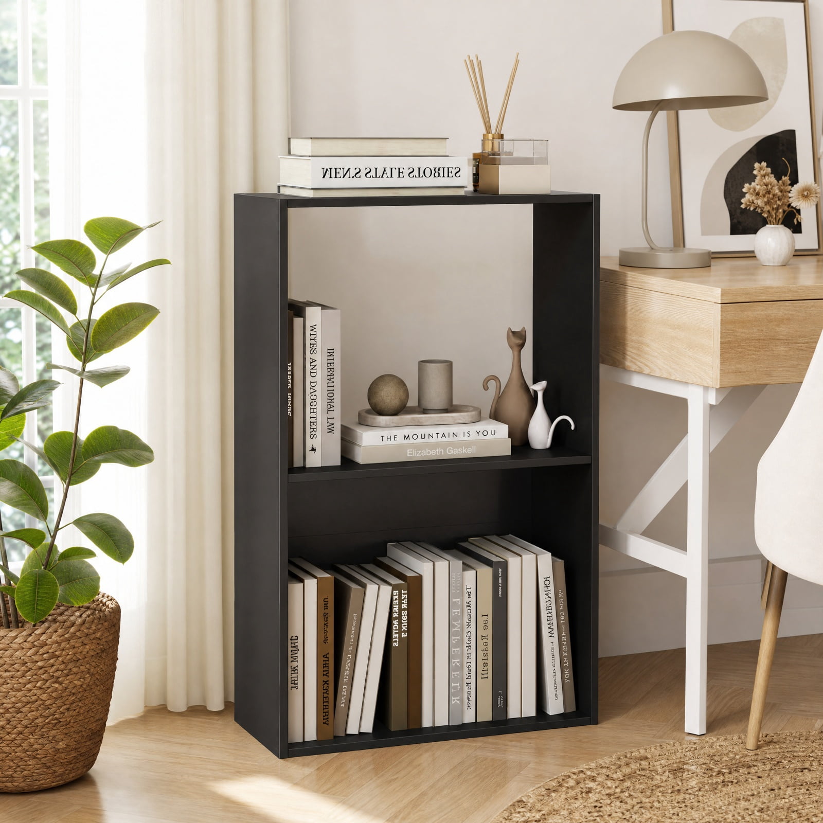 Furnibear 3-Tier Freestanding Bookshelf with Open Storage Compartment Countertop and Anti-Toppling Device for Study and Home Office, Black