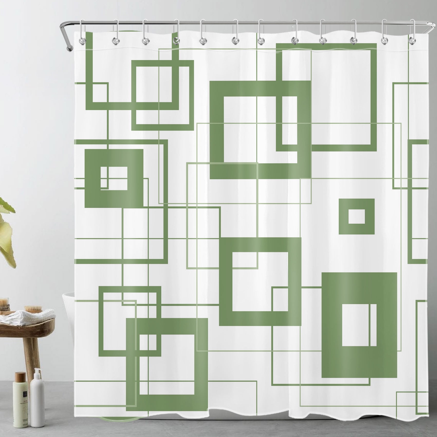 HVEST Modern Sage Green Shower Curtain Decor,Mid Century Minimalist Art Green and White
