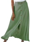 Womens Boho Maxi Skirt Ruffle Swing Button Front Midi Long A-Line Skirt Full Length Long Maxi Skirt Bohemian Slit Skirt