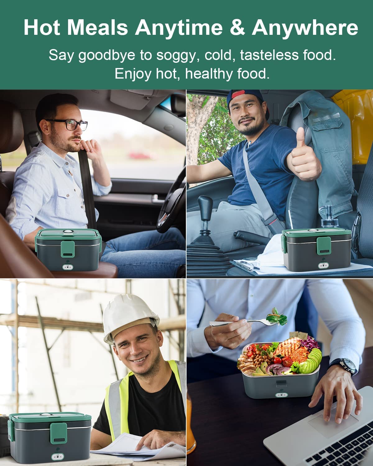 Electric Lunch Box- 110V/12V/24V Portable Food Heater for Car/Office/School, 1.8L Stainless Steel Removable Container, Spoon and Carry Bag,60W Lunch Box