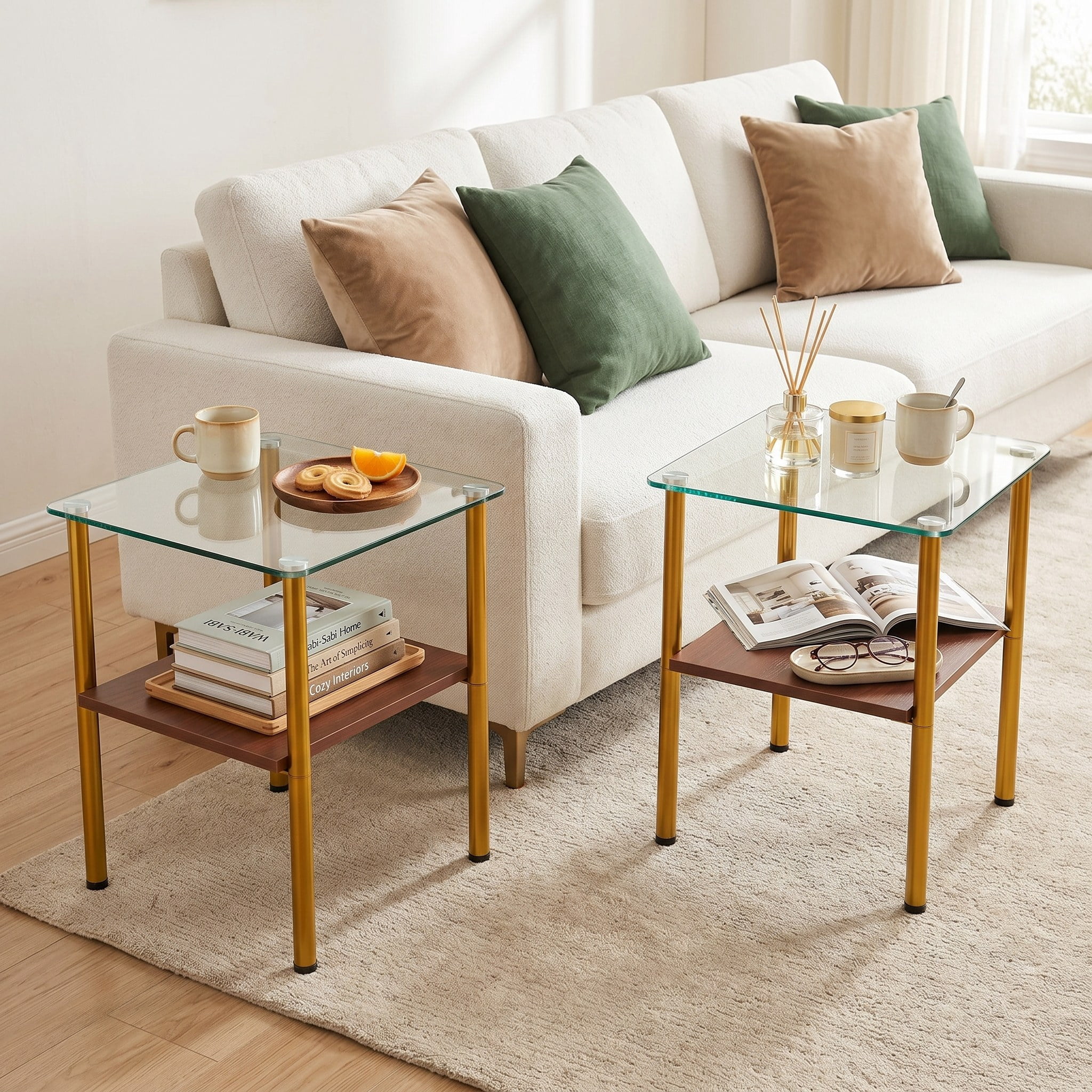 2-piece Modern Rectangular Glass Side Table, Tempered Glass Tabletop, MDF Storage Shelf & Metal Legs, Minimalist Sofa Side Table for Living Room & Bedroom