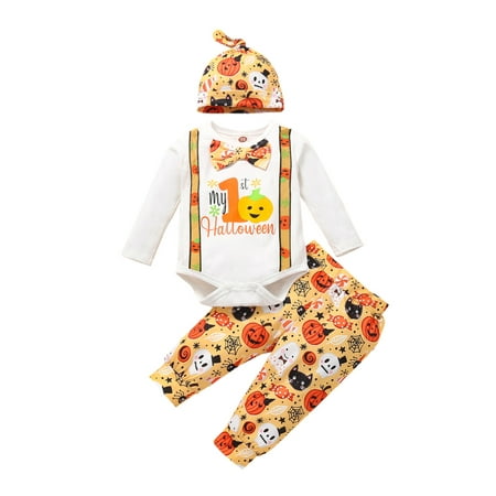 

Caitzr Babies Halloween Printed Pattern Long Sleeve Romper Pants and Cap
