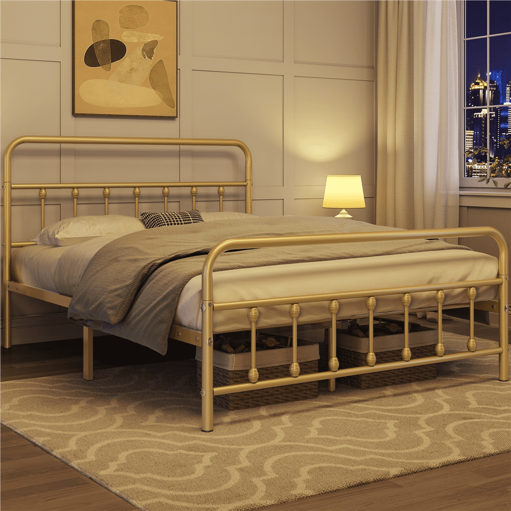 Alden Design Full Size Metal Platform Bed Frame with High Headboard, All Ages, Antique Gold