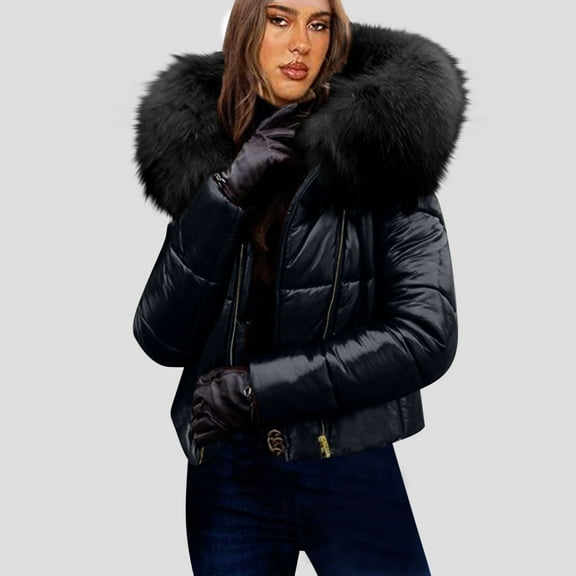 jtjvou Womens Bright down Jacket Winter Warm Faux Fur Hooded Jacket Casual Warm Puffer Parka Coat Black S