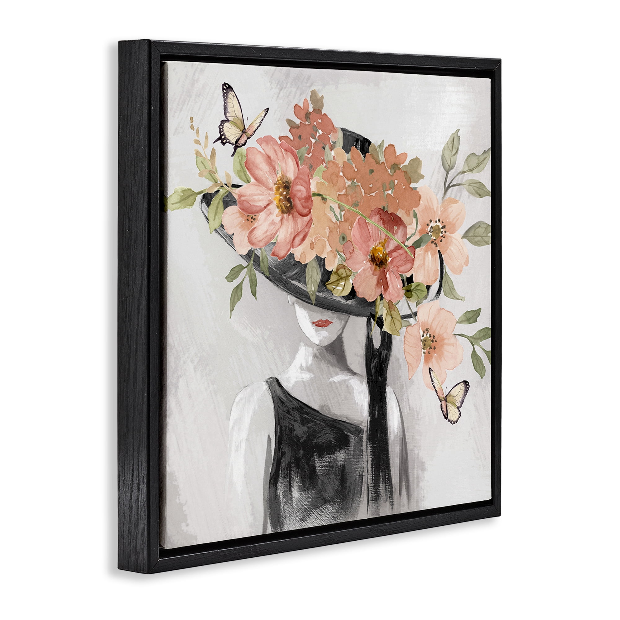 Stupell Industries Pink Floral Hat People Painting Black Floater Framed Canvas Art Print Wall Art, 18 x 18