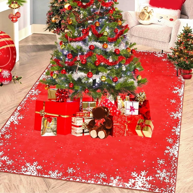 Grand Tapis de Noël Flocon de Neige Rouge Adapté pour Salon Chambre Chevet Terrasse Extérieur