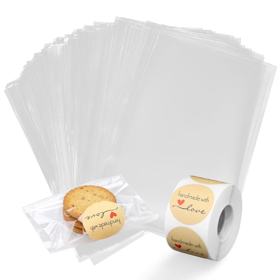 500 Pieces Plastic Clear Goodie Bags with 1 Roll of Stickers, 3.9" x 5.9" Individual Treat Bags for Cookies, Clear Candy Pouches Gift Packaging for Snack Party Favors