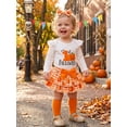 thumbnail image 6 of RUINIXCW Newborn Baby Girl My First Halloween Outfit Infant Baby Girls Fall Clothes Flying Sleeve Letter Pumpkin Ghost Print Romper Tiered Skirt Skort Headband Socks 4pcs Sets, 6 of 9