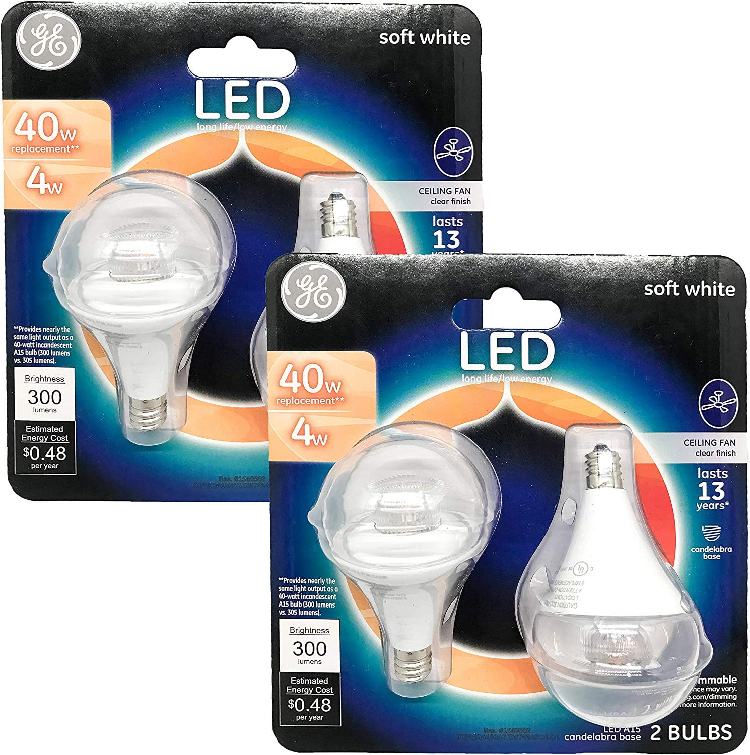 GE Soft White 4W(40W Replacement) A15 Dimmable LED Light Bulbs w/Candelabra Base (4 Bulbs