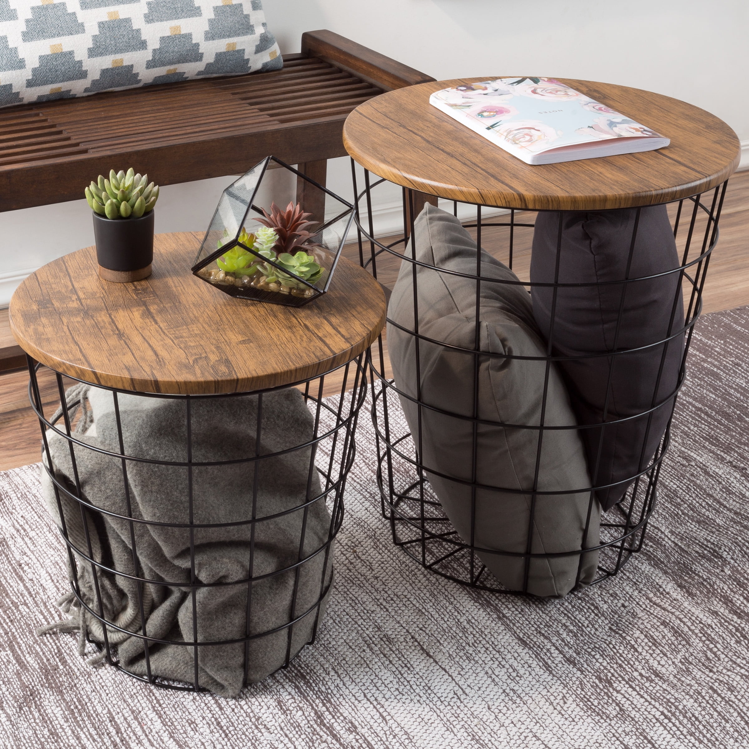 Nesting End Tables With Storage Set Of 2 Convertible Round Metal Basket Veneer Wood Top Accent Side Tables For Home And Office By Lavish Home Chestnut Walmart Com Walmart Com