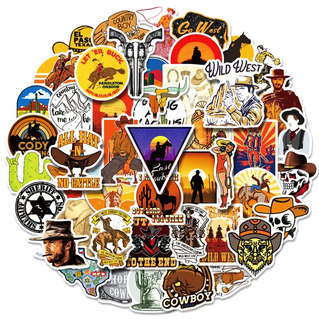 50 piezas de pegatinas de rayo mcqueen, calcomanías de motocicleta multicolor; vista cenital circular de stickers de vinilo (4–8 cm) con motivos western, cowboys, calaveras, cactus y logos vintage para laptop, botella, equipaje y monopatín, laminado y adhesivo optimizado según especificaciones, paquete no repetitivo para personalizar objetos y regalo para adolescentes y adultos.