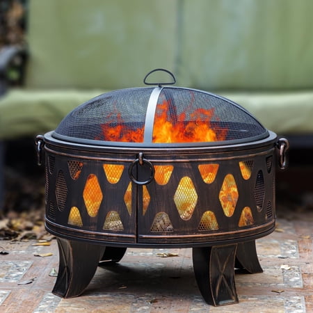 26" Fire Pit with Cooking Grill, Outdoor Wood Burning Firepit with Spark Screen, Metal Round Design for Patio, Bonfire Party, Camping