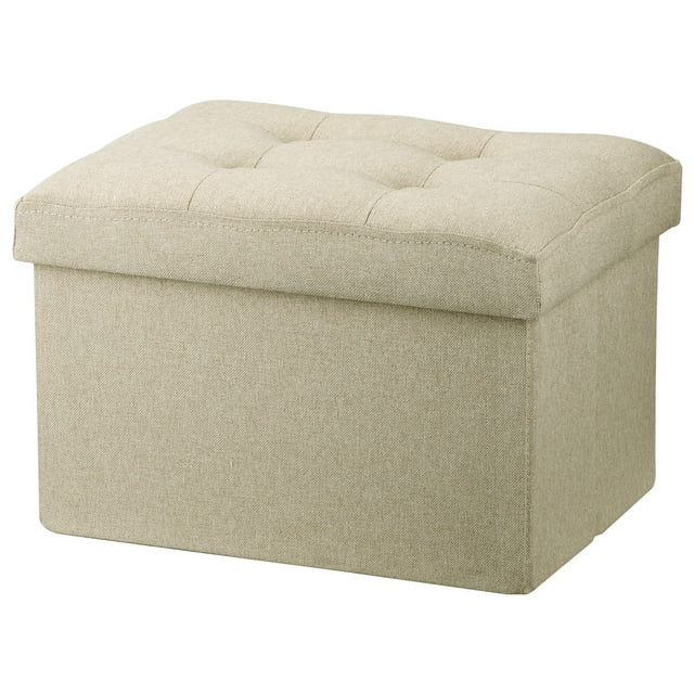 Linmagco Taburete Otomano De Almacenamiento Pequeño, Taburete Para Reposapiés Debajo Del Escritorio, Taburete Corto Otomano Plegable, Tela De Lino Beigh 16.0 X 12.0 X 12.0 In